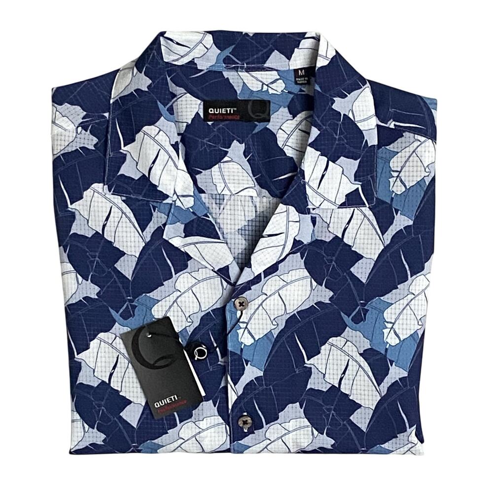 Quieti Performance Shirt Men's Medium Short Sleeve Button-Up Blue Leaf Print NEW